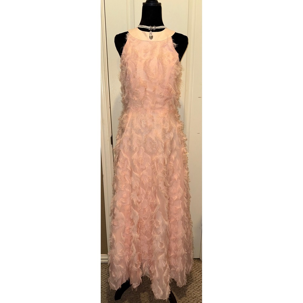 Chicwish Peach Pink 3D Fringe Feather Halter Neck Maxi Dress Formal Gown Womens